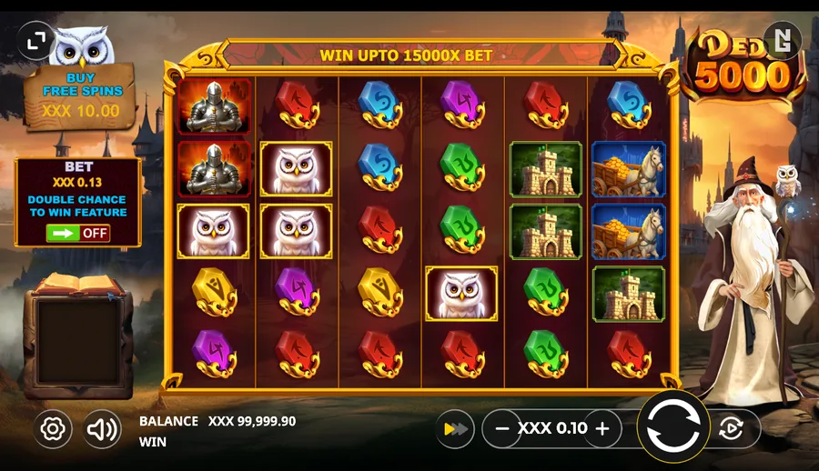 Dede 5000 settled base-game spin showing the medieval and gem symbols on the six-reel grid