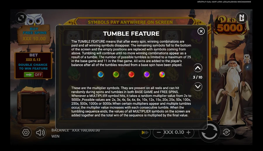 Dede 5000 TUMBLE FEATURE info panel listing tumble limits and the full 2x to 5000x multiplier value set