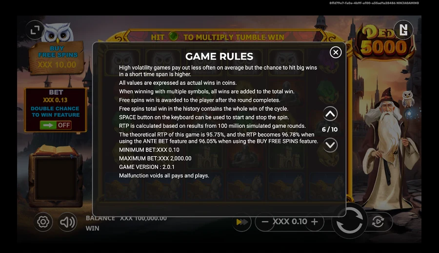 Dede 5000 in-game Game Rules panel showing 95.75% RTP, the Ante Bet and Buy Free Spins RTP variants, bet range and game version