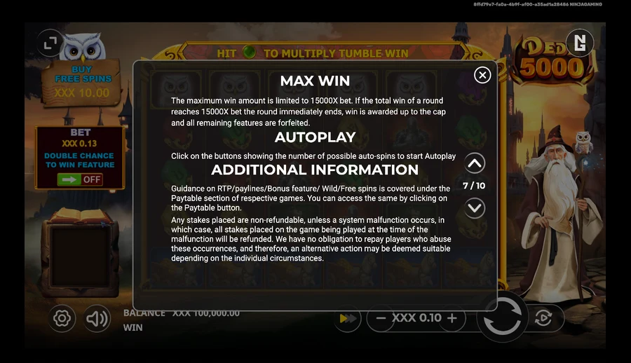 Dede 5000 MAX WIN information panel confirming the 15000X your bet round cap