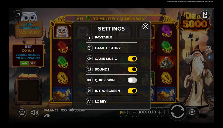 Dede 5000 settings menu showing Paytable, Game History, Music, Sounds, Quick Spin and Lobby options