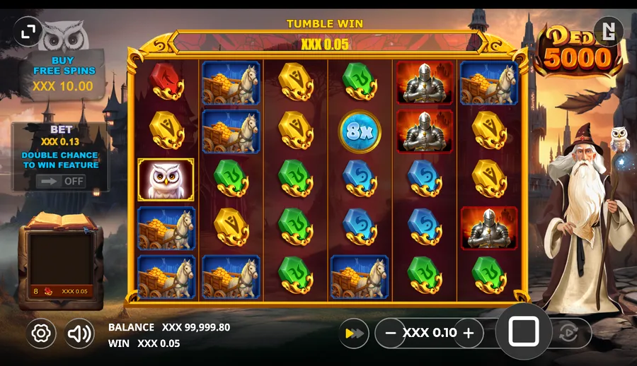 Dede 5000 tumble win in progress with a visible 8x multiplier orb and a win amount on screen