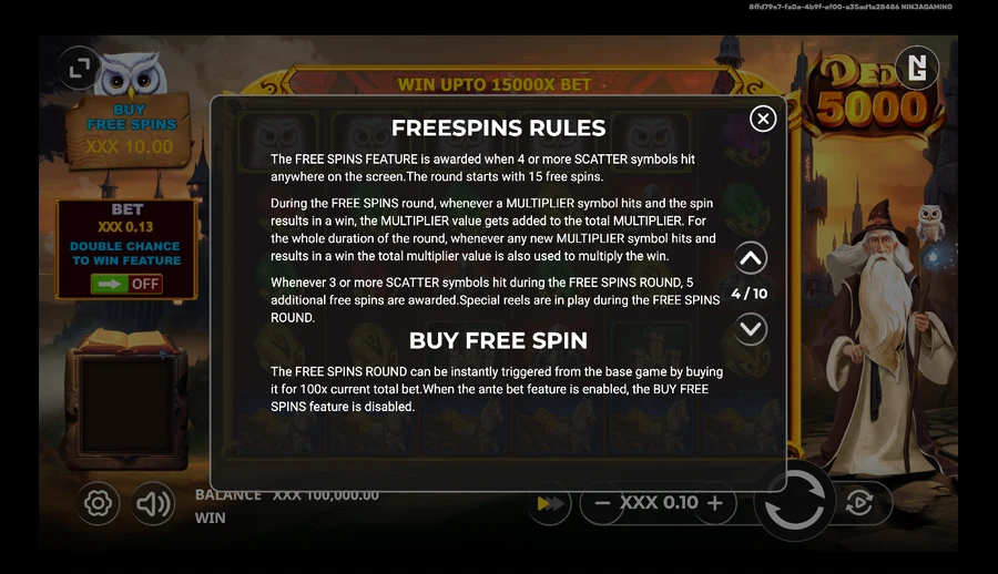 Dede 5000 FREE SPINS RULES info panel describing the 15 free spins, building total multiplier and +5 retrigger