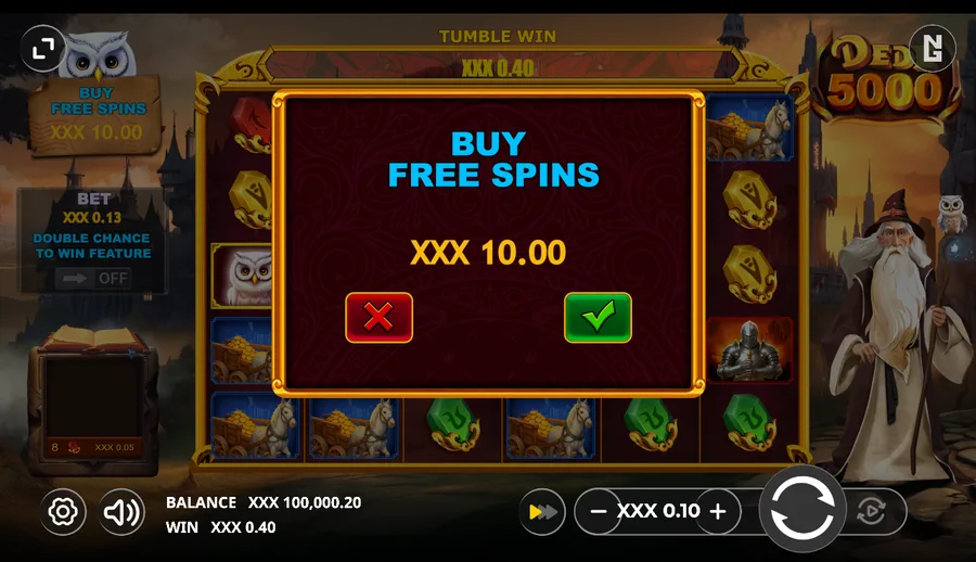 Dede 5000 Buy Free Spins confirmation dialog showing the feature price at 100 times the bet