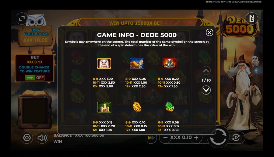Dede 5000 paytable page showing owl, horse cart, knight, castle and gem symbol pays across the 8-9, 10-11 and 12-plus tiers